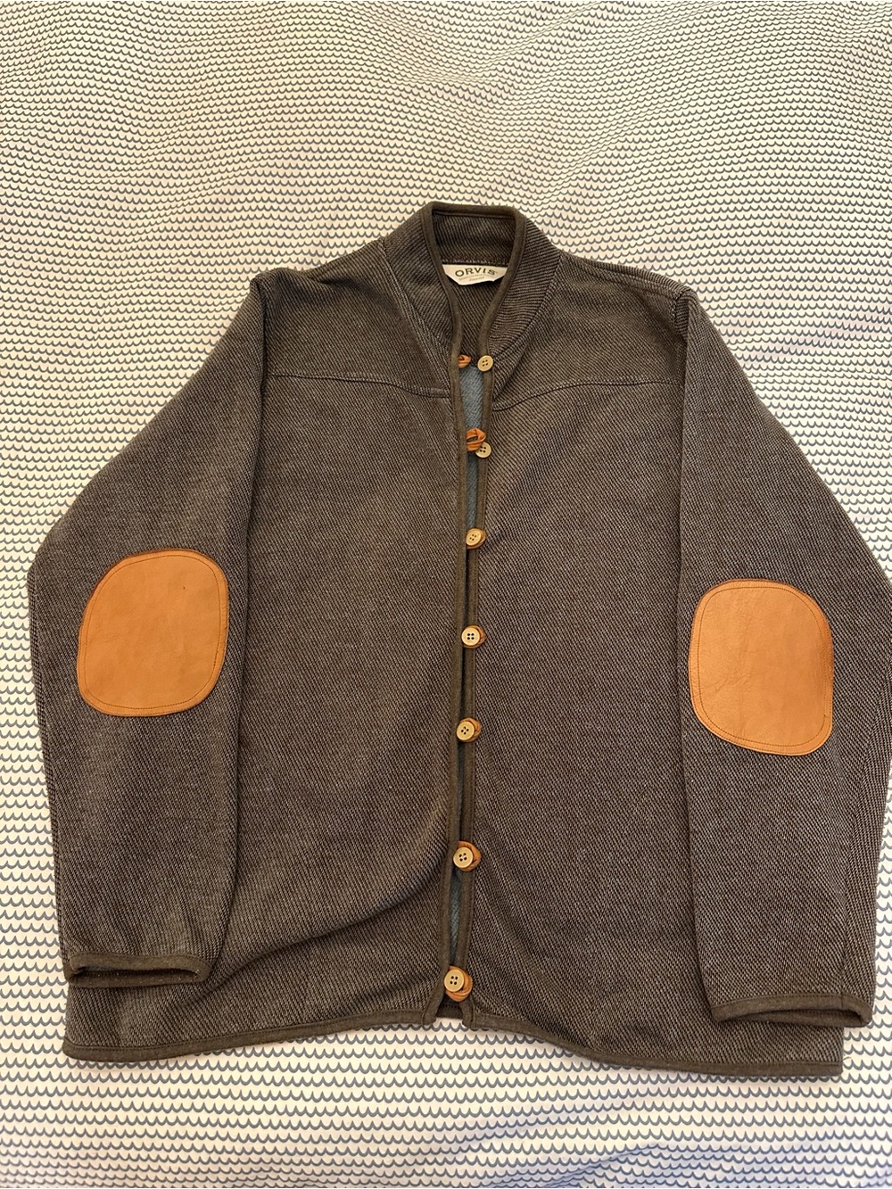 Orvis Gray Knit Sweater with Tan Leather Elbow Patches
